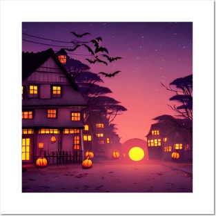 Sunset Halloween Pumpkin Village Spooky Season Posters and Art